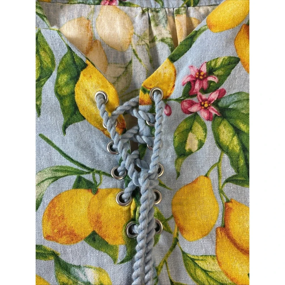 FOR CYNTHIA Lemon Print Lace Linen‎ Blend Sleeveless Dress Size L Resort Travel